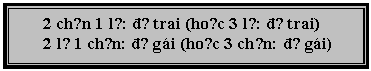 Text Box: 2 chẵn 1 lẻ: đẻ trai (hoặc 3 lẻ: đẻ trai)
2 lẻ 1 chẵn: đẻ gái (hoặc 3 chẵn: đẻ gái)
